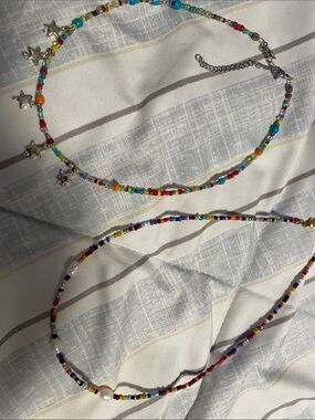 Set of 2 Multicolored Beaded Choker style necklaces with adjustable clip